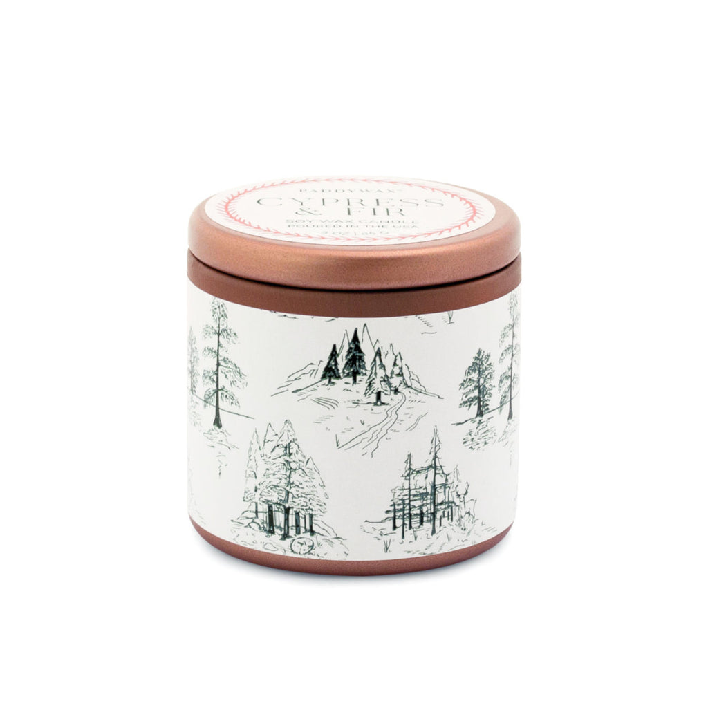 Paddywax Cypress & Fir Copper Tin White with Green Pattern Label Wrap | Minimax