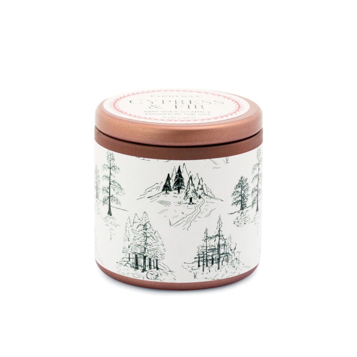 Paddywax Cypress & Fir Copper Tin White with Green Pattern Label Wrap | Minimax